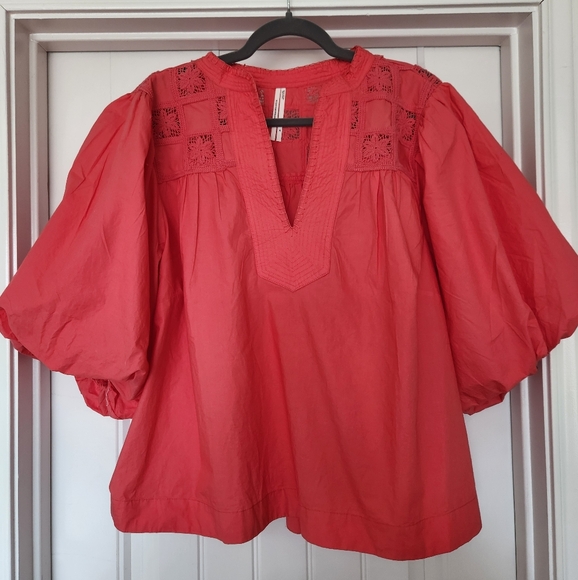 Plus-Size Anthropologie Coral Blouse with Puff Sleeves - Picture 1 of 4